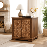 Hand-carved solid teak wood bedside cabinet with floral doors