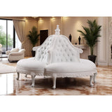 Premium white round luxury sofa with button tufted backrest and solid teak wood frame for elegant living room interiors.