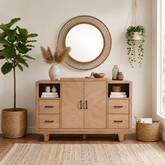 Modern teak wood sideboard cabinet with drawers and shelves
