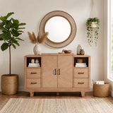Modern teak wood sideboard cabinet with drawers and shelves
