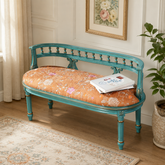 Handcrafted teak wood upholstered curved bench