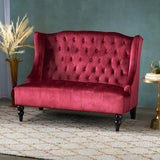 Deep button tufted velvet loveseat sofa in wine red color