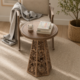 Handcrafted solid teak wood round side table with carved pedestal base