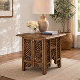 Handcrafted solid teak wood carved side table for living room