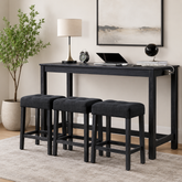 Solid teak wood console table with three upholstered stools by Sky Rise Decor