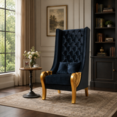 Luxury black velvet wingback chair with solid teak wood frame by Sky Rise Decor