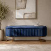 Luxury navy blue velvet storage bench with gold metal legs