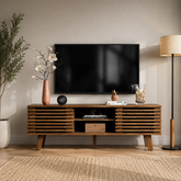 Modern teak wood TV unit with slatted cabinet design