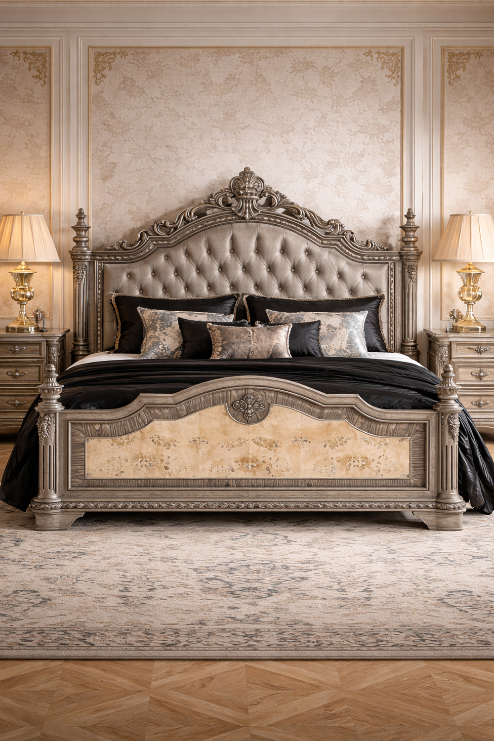 Luxury antique finish king size carved bed with side tables
