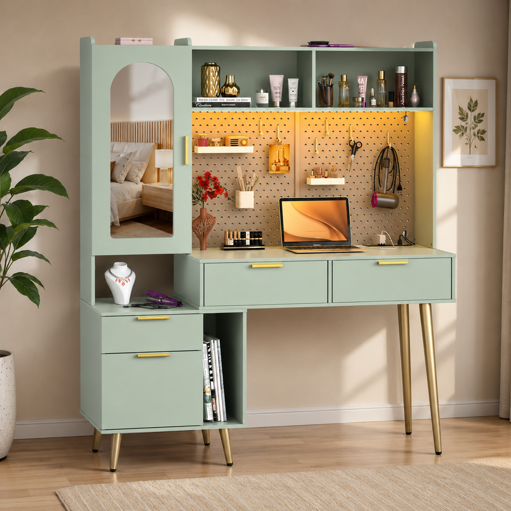 Solid teak wood dressing table with mirror and storage cabinet