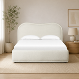 Luxury curved upholstered teak wood bed in cream fabric