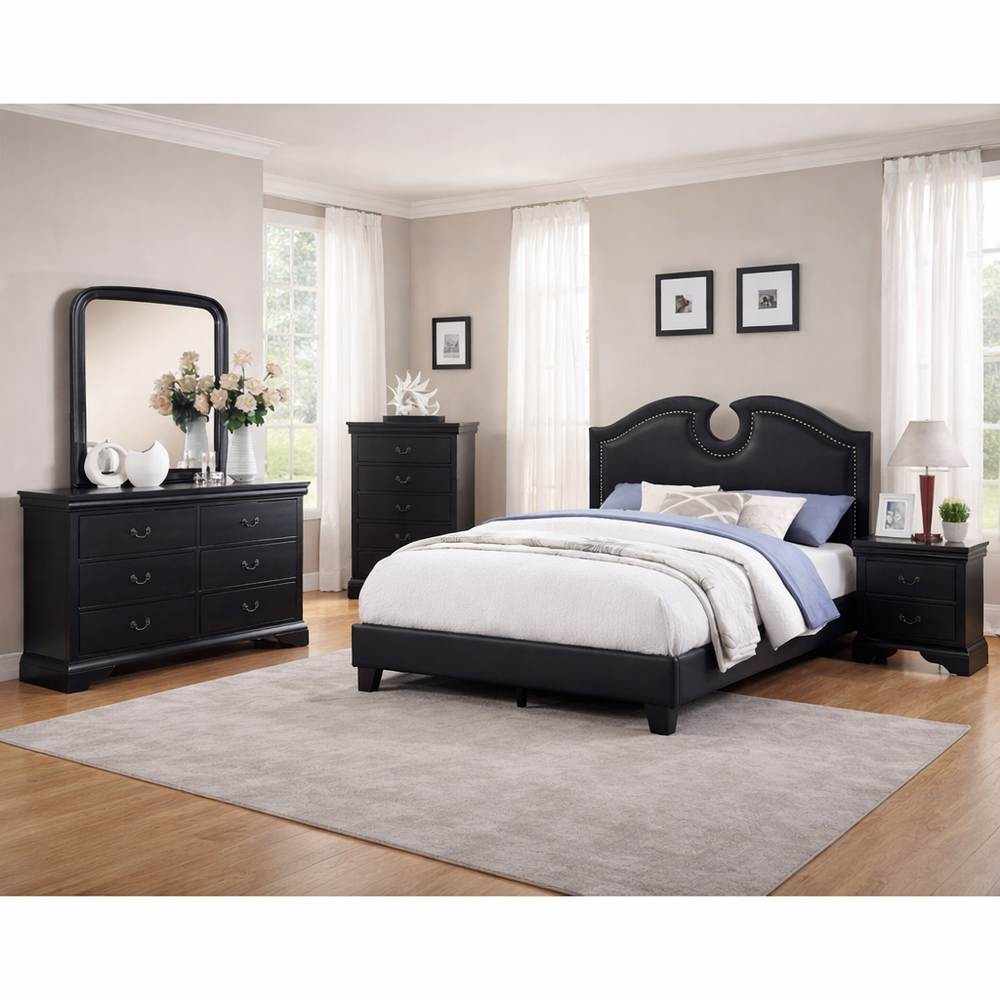 Black wooden upholstered bed in modern bedroom