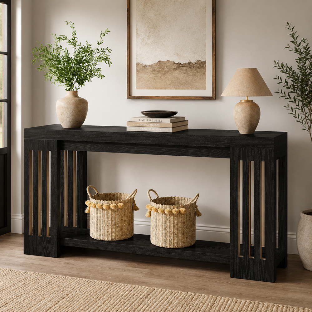 Modern black teak wood console table for living room décor