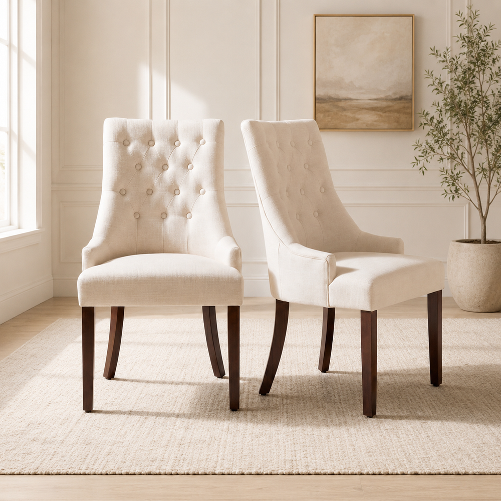 Premium teak wood upholstered dining chair with button tufted backrest