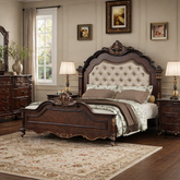 Luxury carved wooden bed with tufted headboard