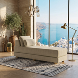 Modern teak wood chaise lounge sofa in beige fabric