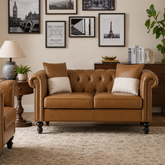 Luxury Chesterfield teak wood leather sofa in tan brown finish