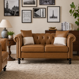 Luxury Chesterfield teak wood leather sofa in tan brown finish