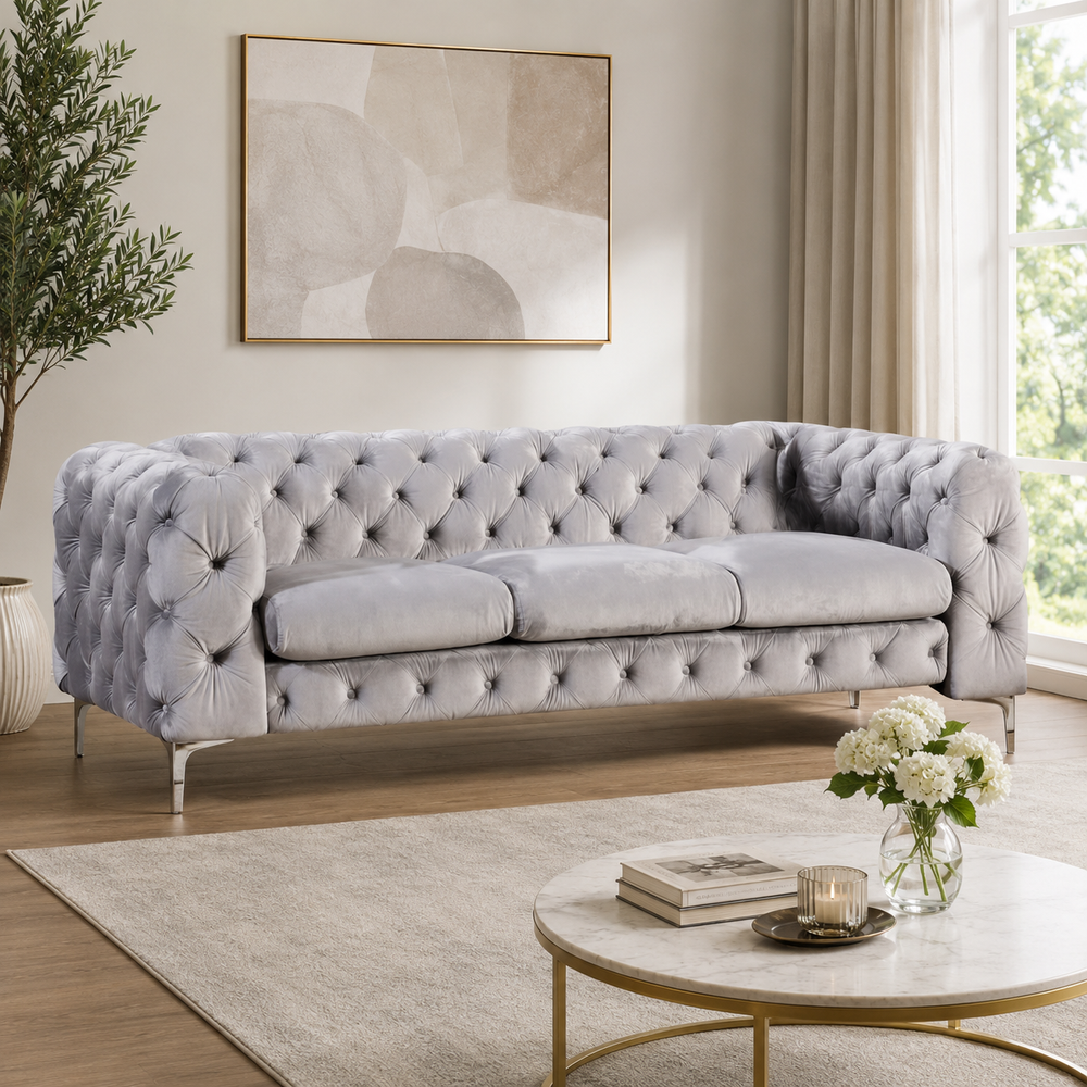 Luxury grey velvet Chesterfield sofa with teak wood frame