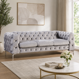 Luxury grey velvet Chesterfield sofa with teak wood frame