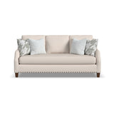 Elegant cream fabric loveseat with solid teak wood frame