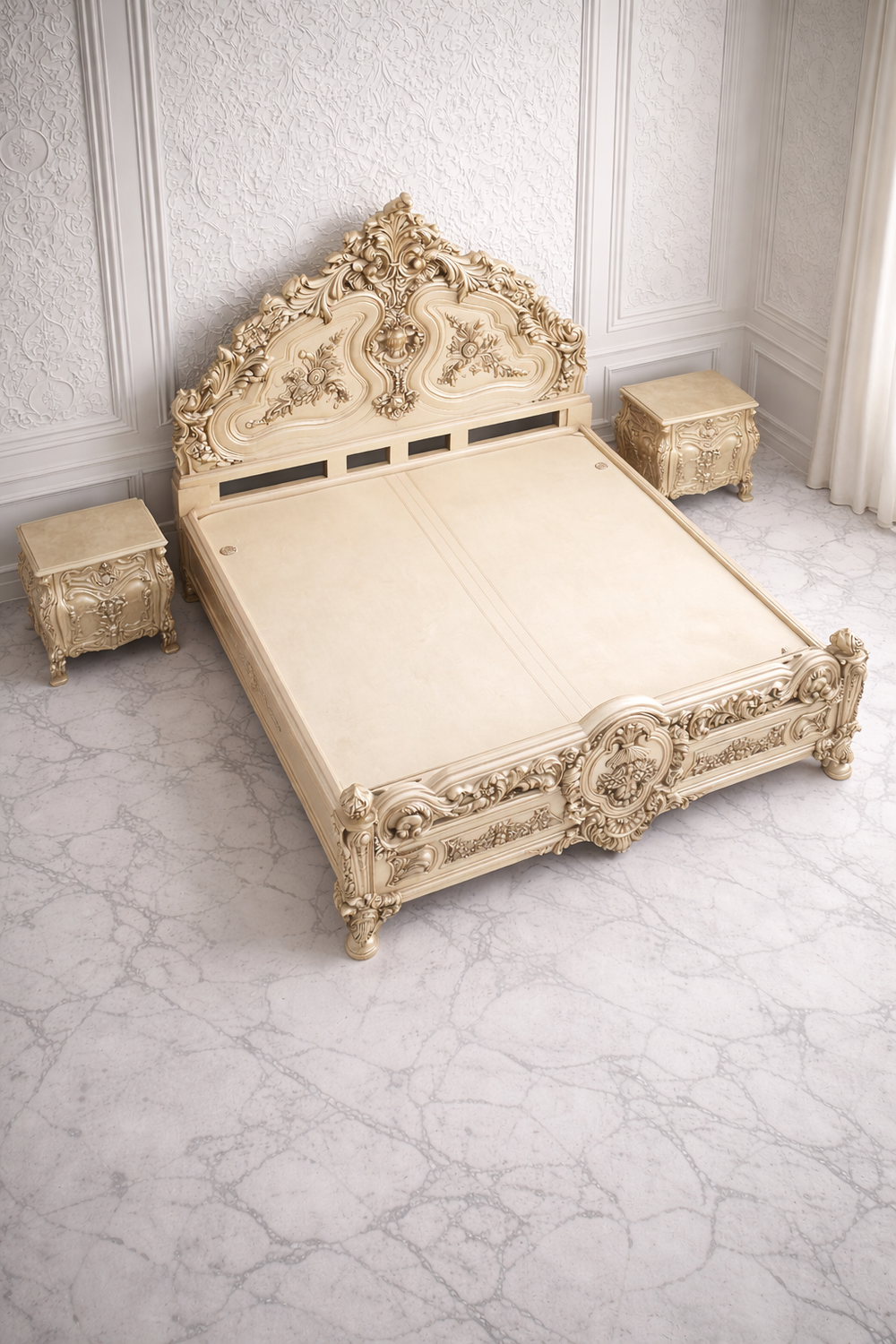 Luxury cream gold carved king size bed with royal designer headboard