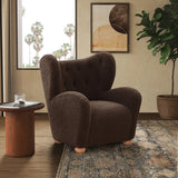 Modern dark brown boucle lounge chair in teak wood