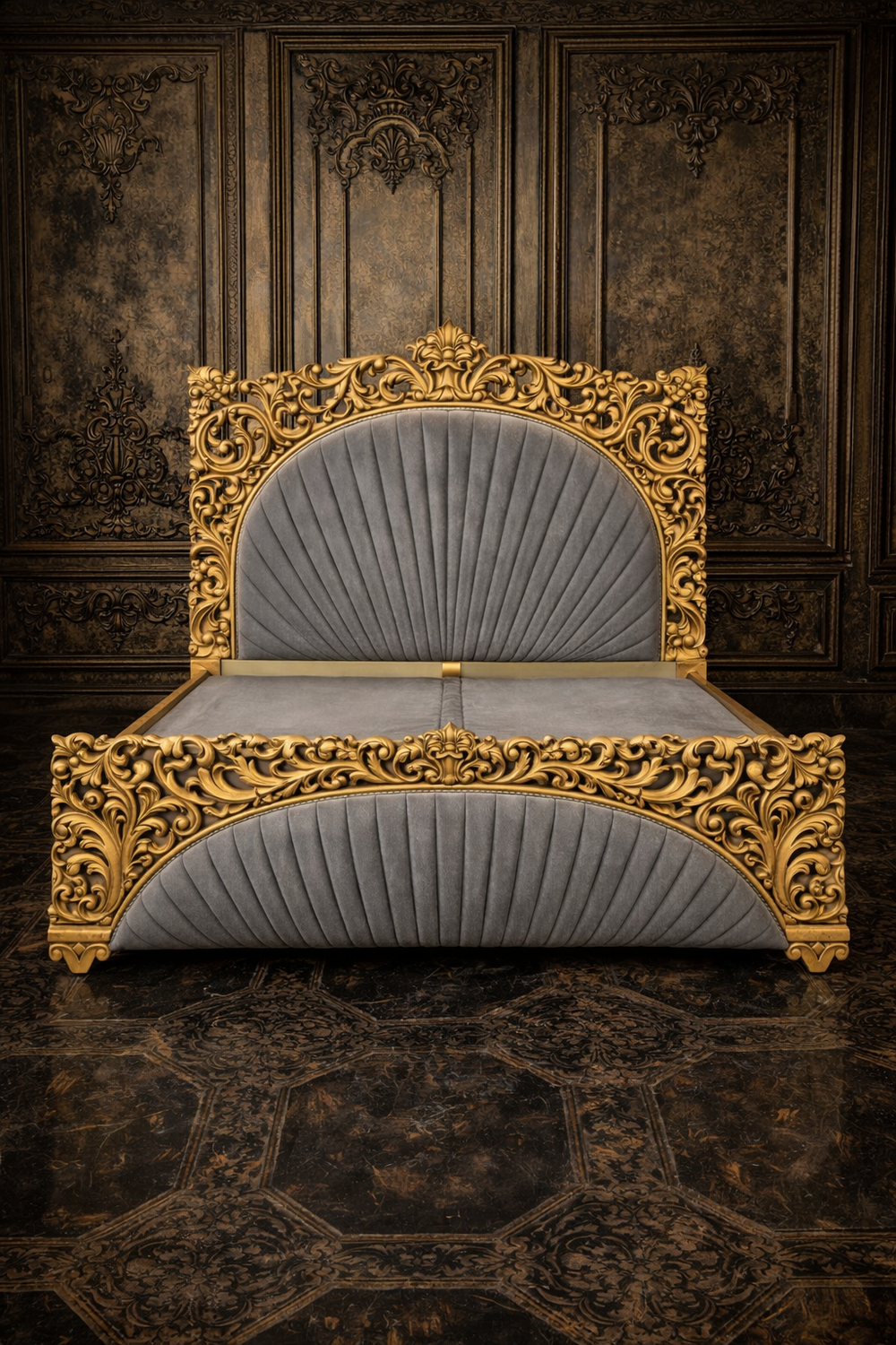 Luxury gold carved king size bed with grey upholstered headboard