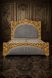 Luxury gold carved king size bed with grey upholstered headboard