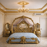Luxury gold carved king size bed with 2 side tables