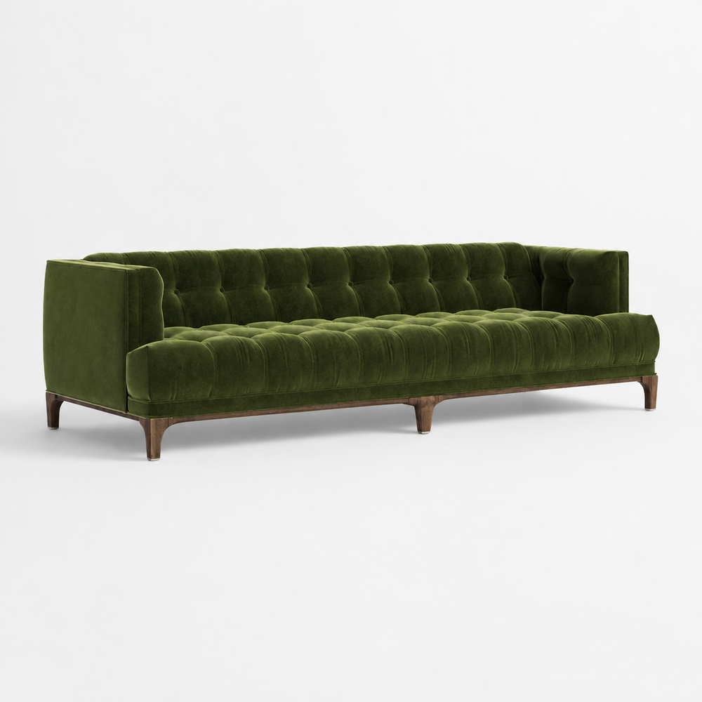 Luxury green velvet Chesterfield sofa with teak wood base