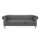 Elegant tufted velvet sofa featuring solid teak wood frame and rolled arms