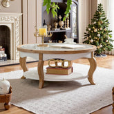 Luxury round teak wood coffee table with marble top and storage shelf