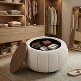 Round upholstered ottoman table with solid teak wood top