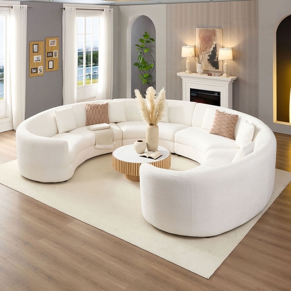 Modern curved bouclé sectional sofa in luxury living room
