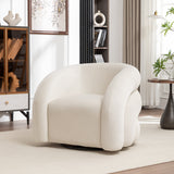 Contemporary curved barrel chair with soft upholstery and teak wood frame