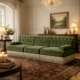 Luxury olive green velvet 3-seater sofa with solid teak wood frame