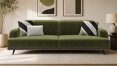 Luxury olive green velvet sofa with teak wood base by Sky Rise Decor