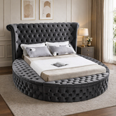 luxury round tufted bed with upholstered headboard