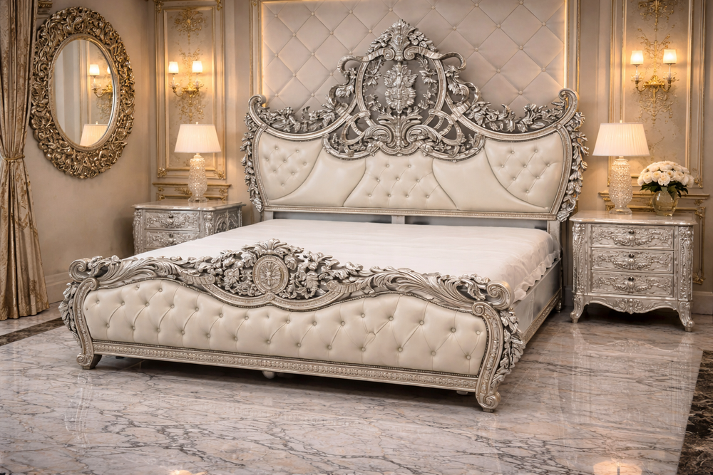 Royal king size bed front view with tufted upholstered headboard and ornate floral carving