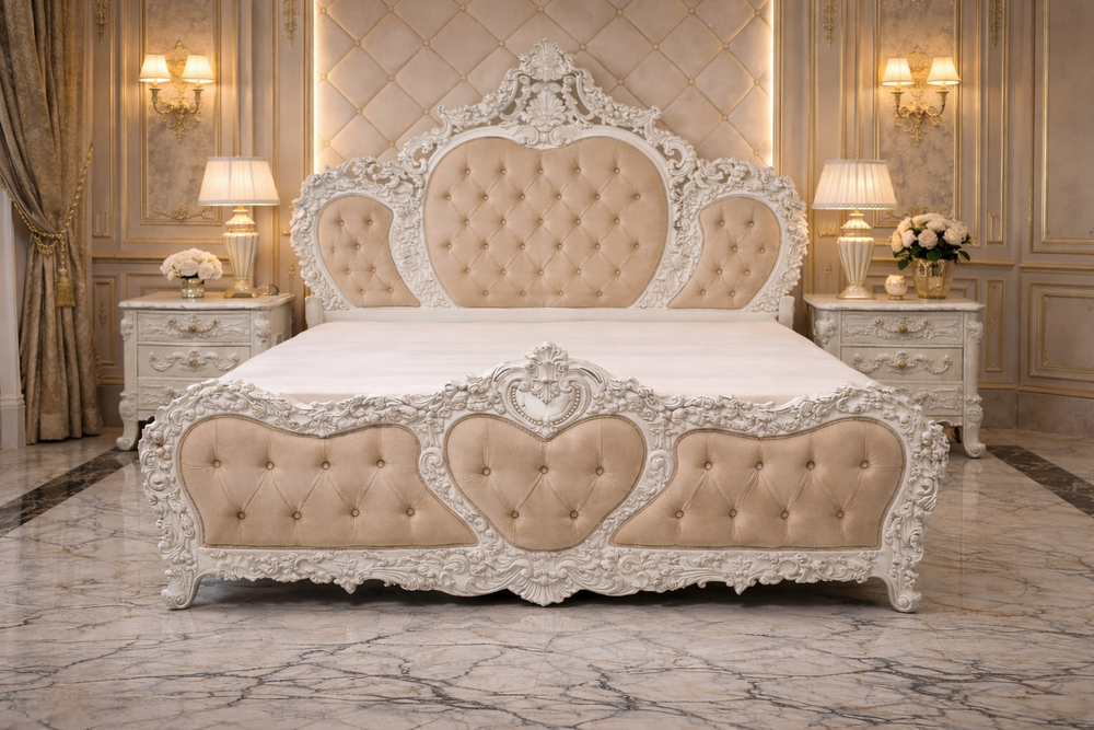 Luxury royal heart design king size bed with hand carved solid wood frame and tufted upholstery