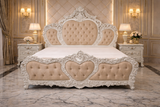 Luxury royal heart design king size bed with hand carved solid wood frame and tufted upholstery