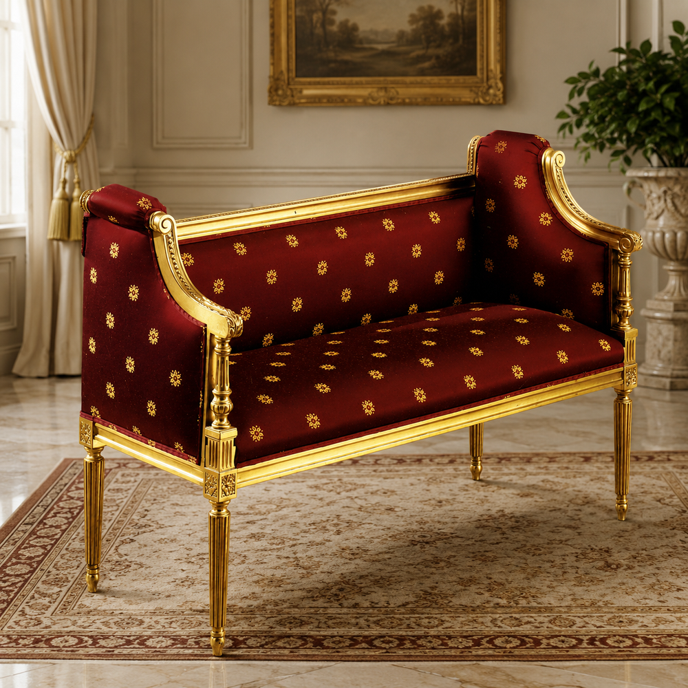 Luxury Royal Teak Wood Bench Sofa with Gold Leaf Finish and Maroon Upholstery by Sky Rise Decor Furniture