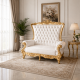 Luxury Royal High Back Sofa in Solid Teak Wood with White Tufted Upholstery and Gold Hand-Carved Finish