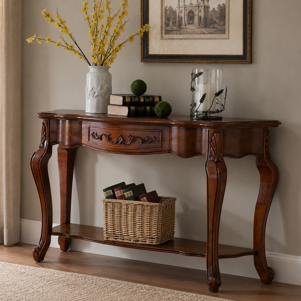 Solid teak wood console table with drawer and shelf