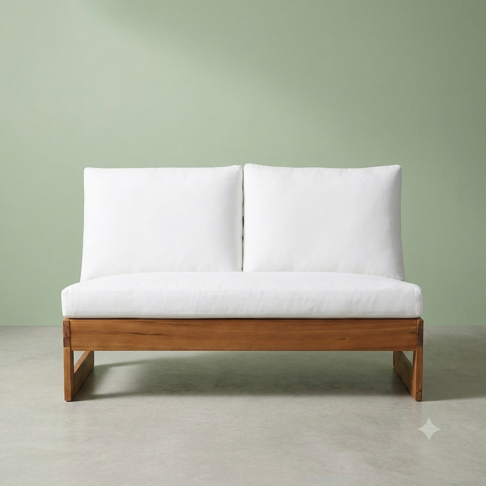 Solid teak wood 2 seater sofa with white cushions