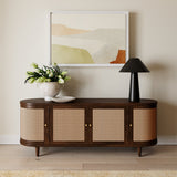 Modern teak wood storage cabinet with woven cane doors