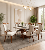 Luxury teak wood 6 seater dining table set with upholstered chairs
