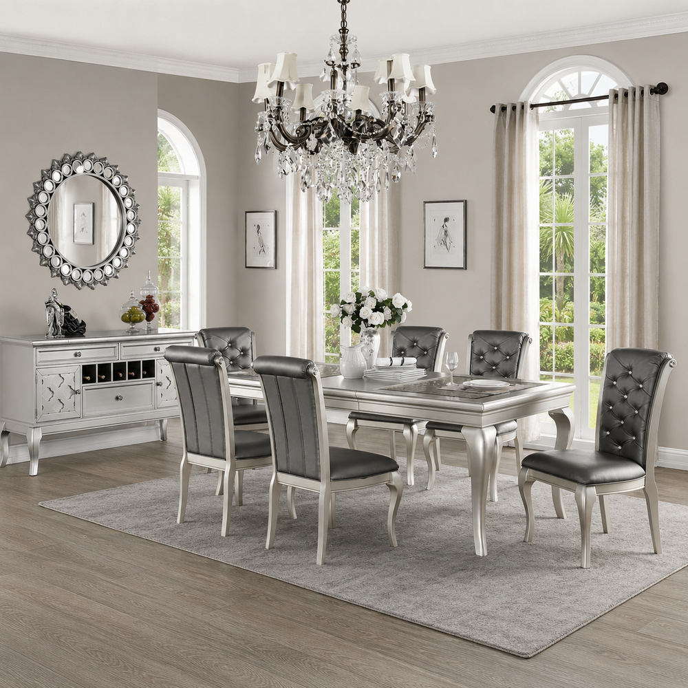 Luxury solid teak wood 6 seater dining table set with silver finish