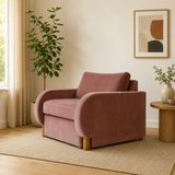 Luxury teak wood accent armchair with blush velvet upholstery